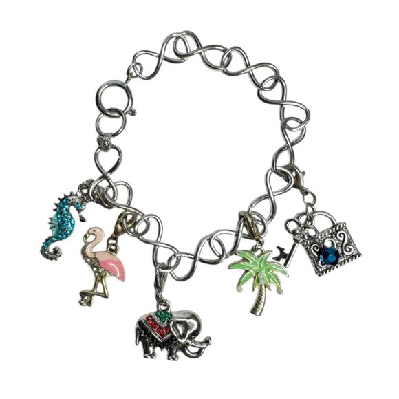 Vintage Y2K Silver Tone Summer Charm Bracelet Palm Tree Flamingo Seahorse Beach - Picture 1 of 8